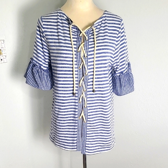 Doe & Rae Blue & White Stripe & Gingham Check Lace-up Top Size Medium - Picture 1 of 9